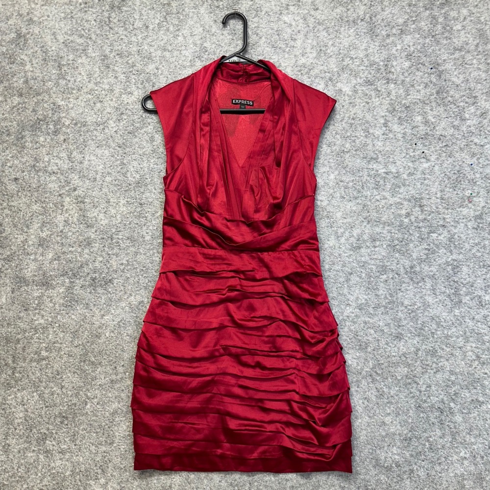 Express Satin Tiered Cocktail Dress Womens 4 Red V-Neck Sleeveless Pleated